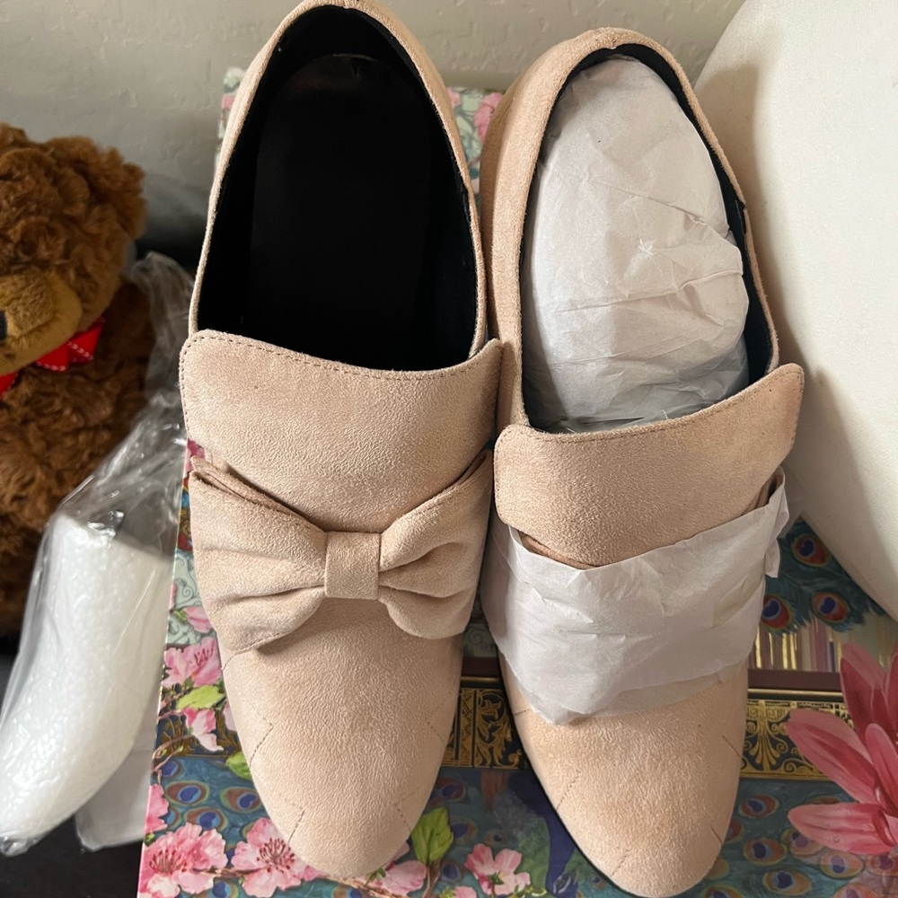Bow Accent Pink Suede Block Heel Loafers - Picture 2 of 4